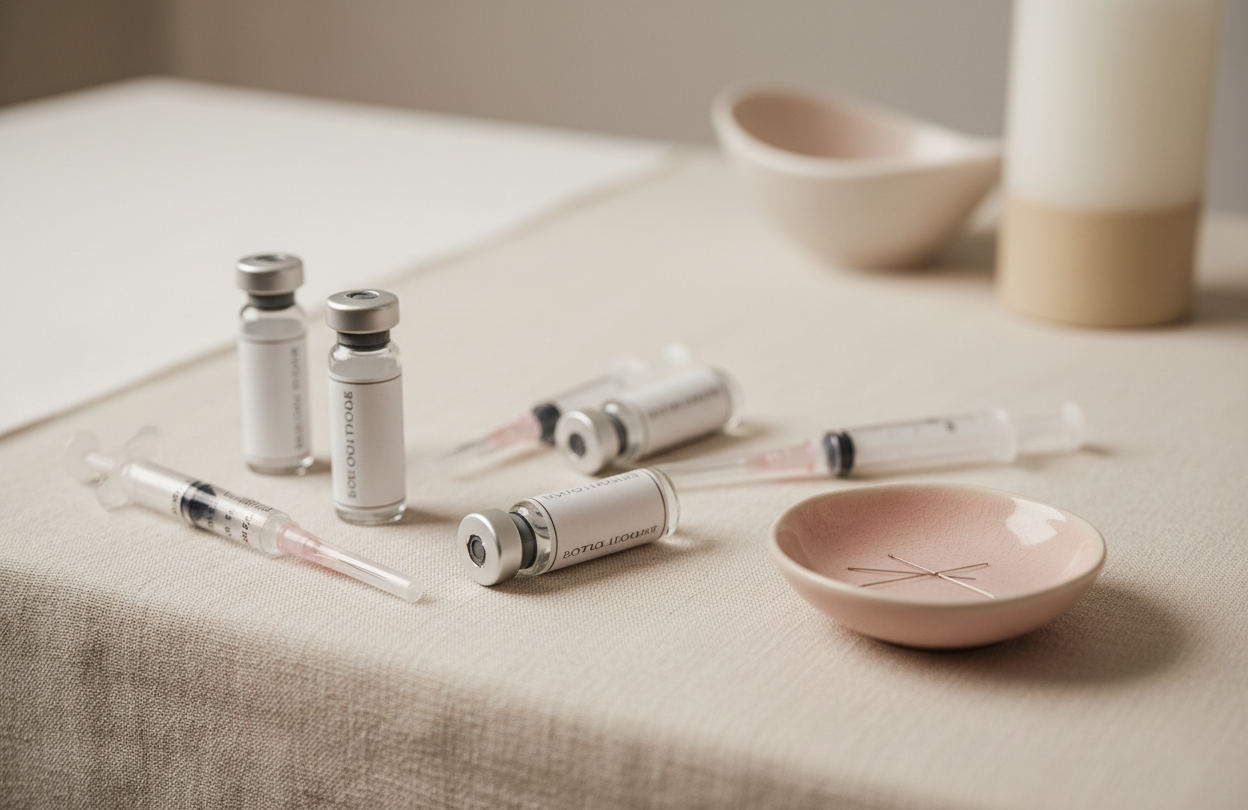 Medical supplies including syringes and vials on a beige surface with a pink bowl.